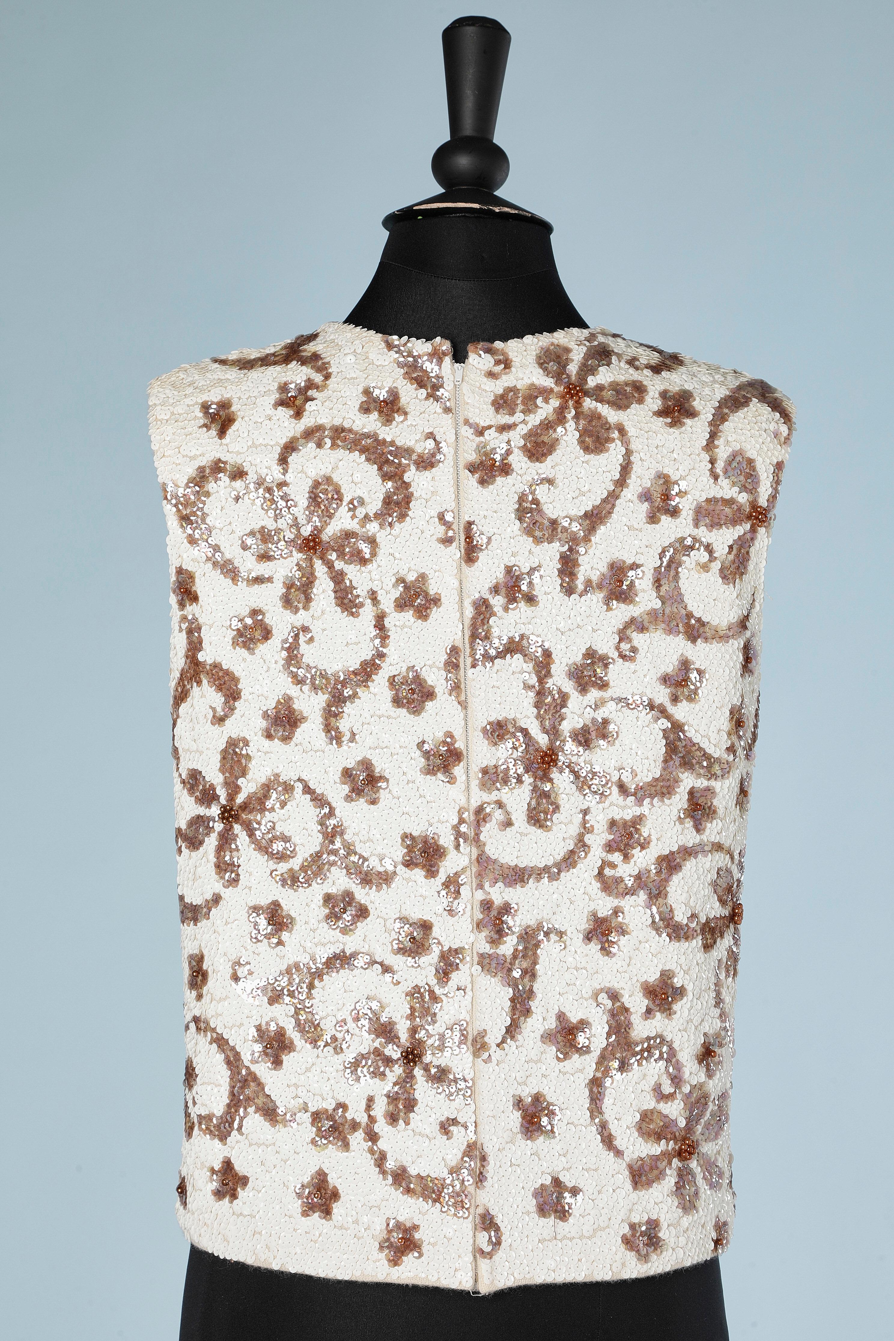 Women's Ivory and light brown sequin sleeveless top VALENTINA Circa 1960's For Sale