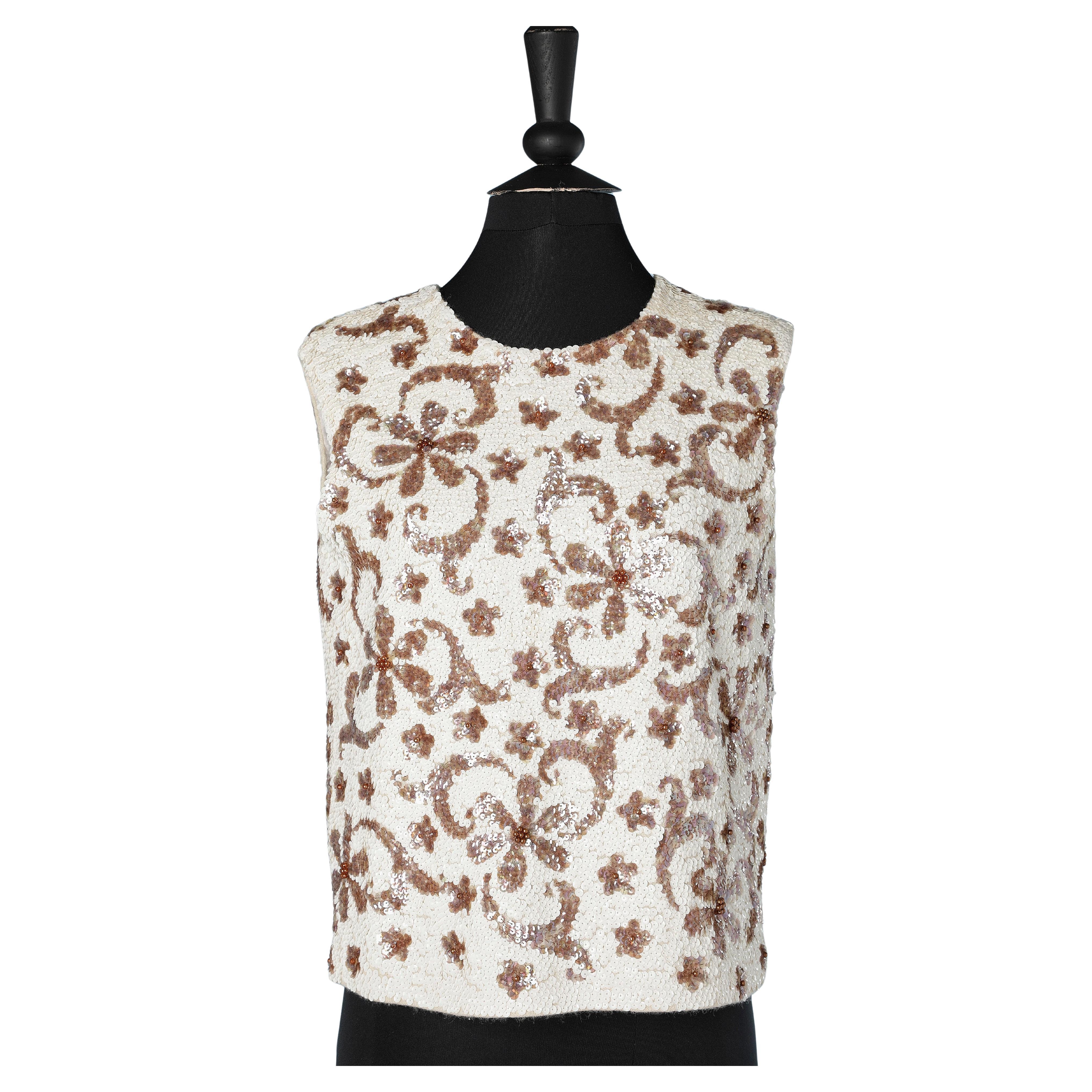 Ivory and light brown sequin sleeveless top VALENTINA Circa 1960's For Sale