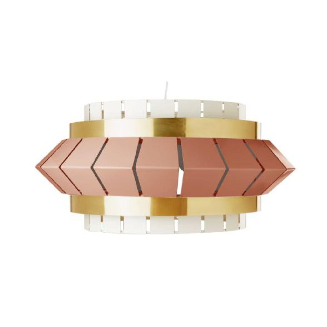 Ivory and Salmon comb I suspension lamp with brass ring by Dooq
Dimensions: W 75 x D 75 x H 35 cm
Materials: lacquered metal, polished brass.
Also available in different colors and materials.

Information:
230V/50Hz
E27/1x20W
