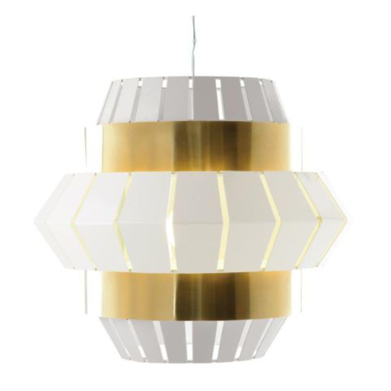 Ivory and Salmon comb suspension lamp with brass ring by Dooq
Dimensions: W 74 x D 74 x H 60 cm
Materials: lacquered metal, polished brass.
Also available in different colors and materials.

Information:
230V/50Hz
E27/1x20W