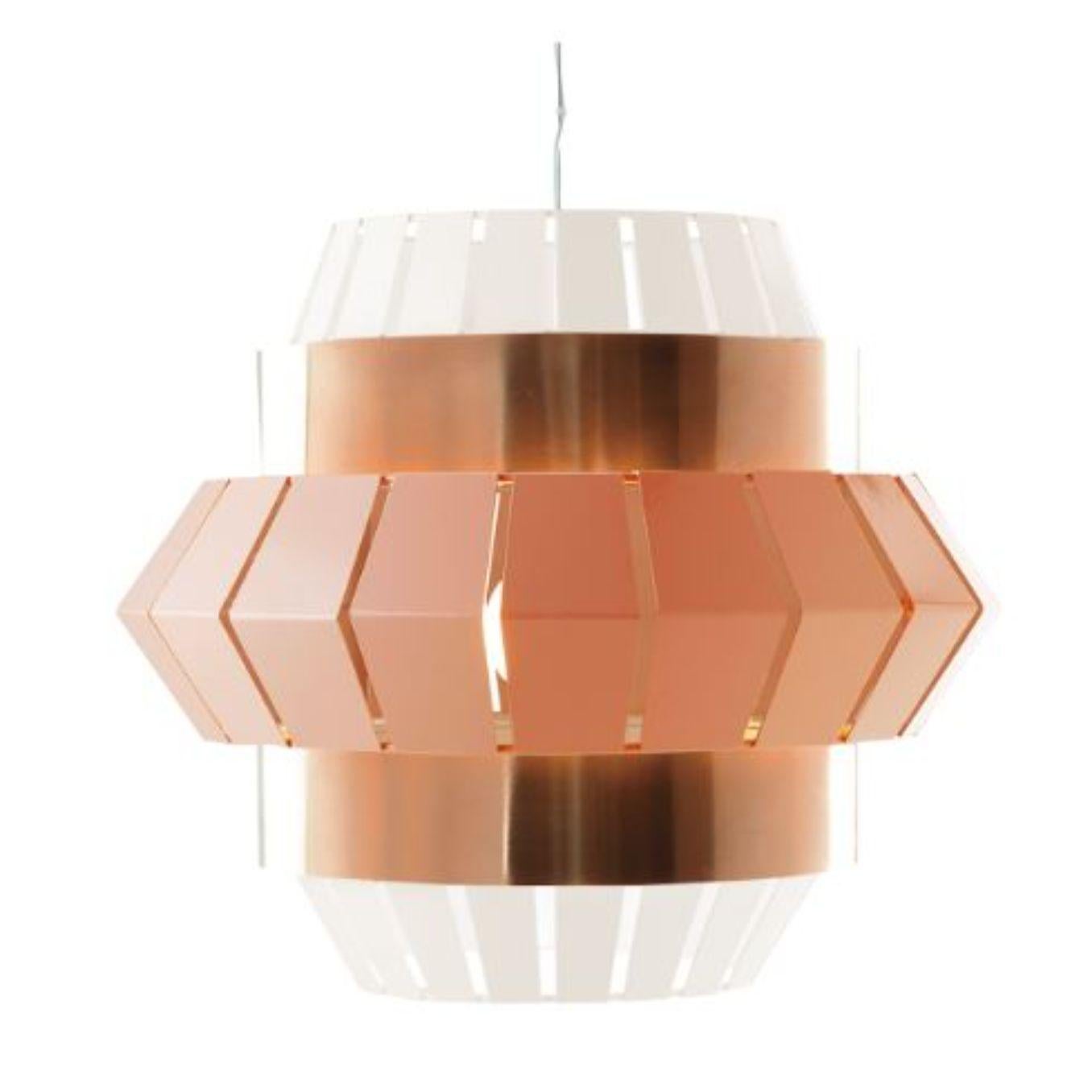 Ivory and Salmon comb suspension lamp with copper ring by Dooq.
Dimensions: W 74 x D 74 x H 60 cm
Materials: lacquered metal, polished copper.
Also available in different colors and materials.

Information:
230V/50Hz
E27/1x20W