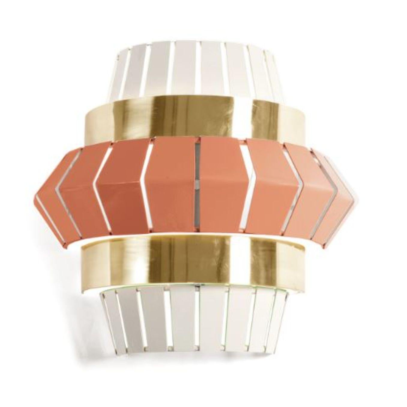 Ivory and Salmon comb wall lamp with brass ring by Dooq
Dimensions: W 37 x D 13 x H 34 cm
Materials: lacquered metal, polished brass.
Also available in different colors and materials.

Information:
230V/50Hz
E14/1x20W LED
120V/60Hz
E12/1x15W