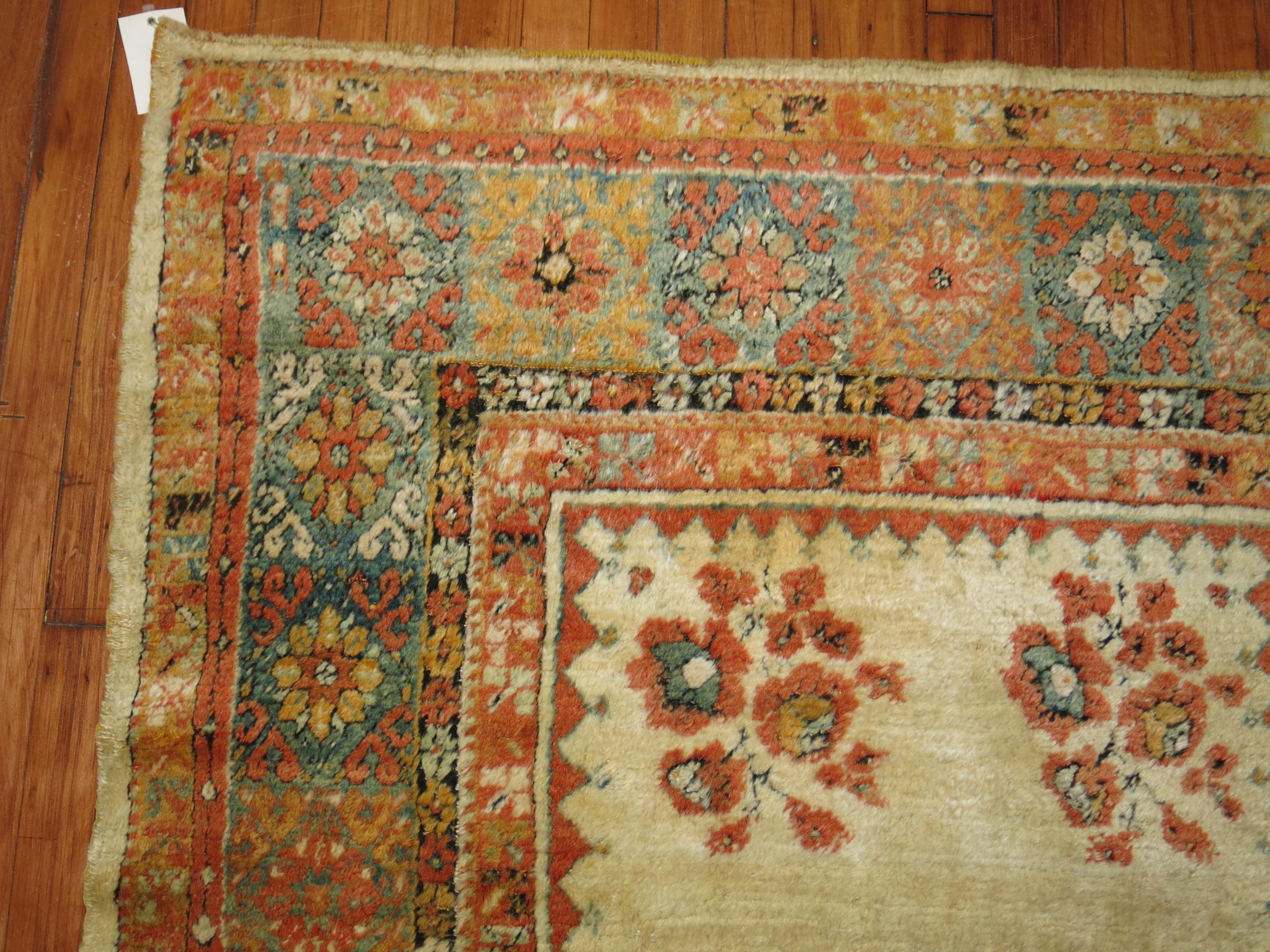 Ivory Antique Angora Wool 19th Century Turkish Oushak Rug In Good Condition For Sale In New York, NY