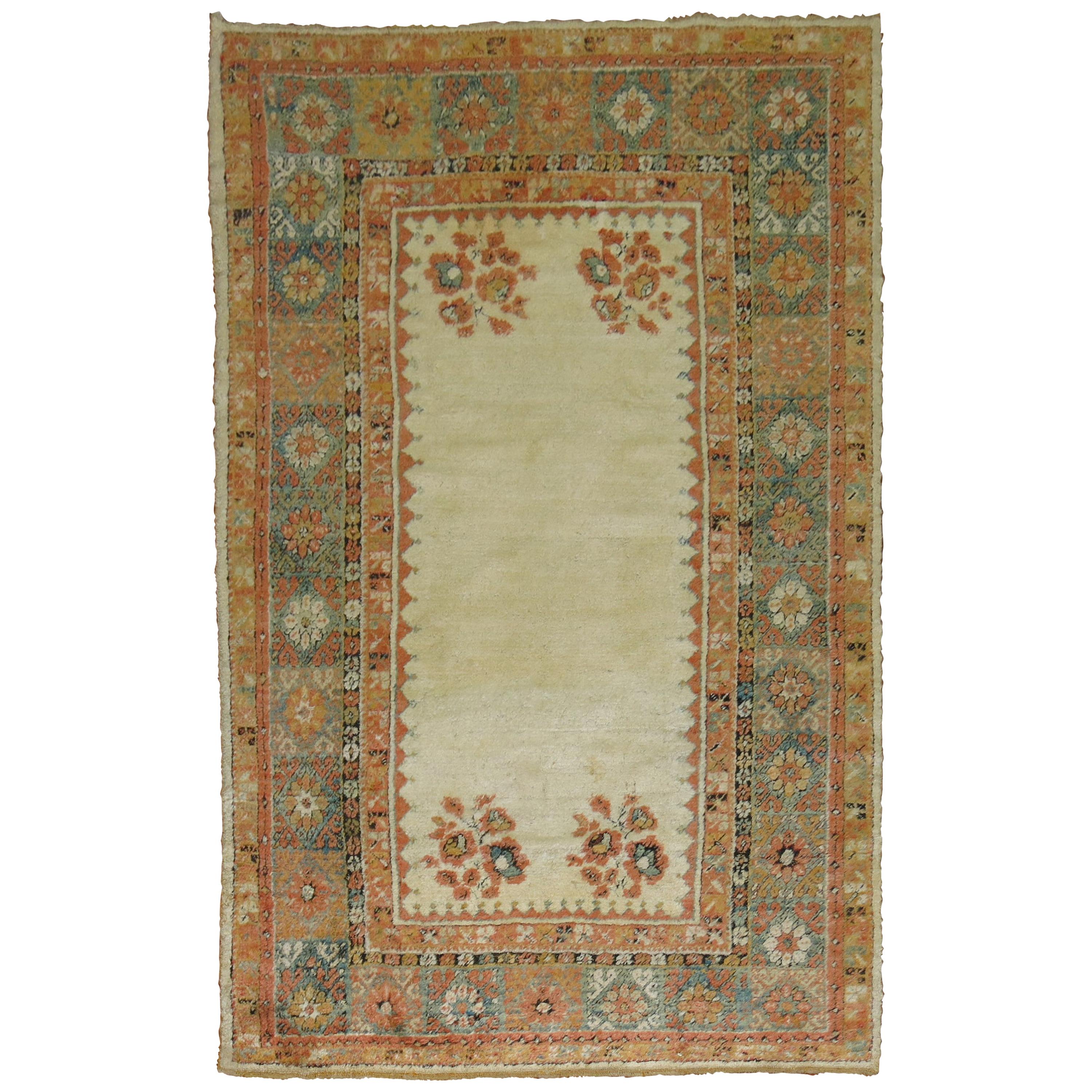 Ivory Antique Angora Wool 19th Century Turkish Oushak Rug For Sale