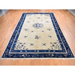 Ivory Antique Chinese Peking with Butterflies Hand Knotted Wool Clean Soft Rug