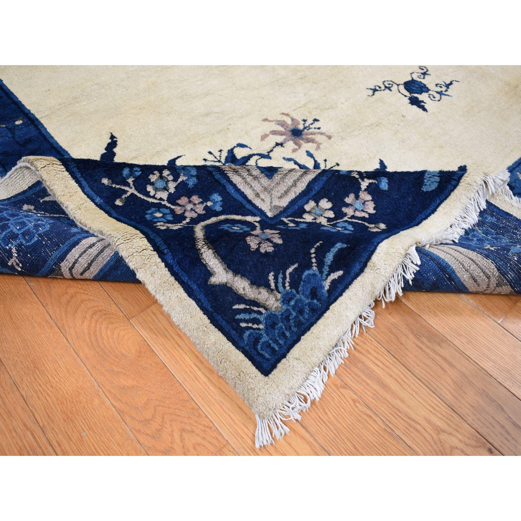 Hand-Knotted Ivory Antique Chinese Peking with Butterflies Hand Knotted Wool Clean Soft Rug For Sale