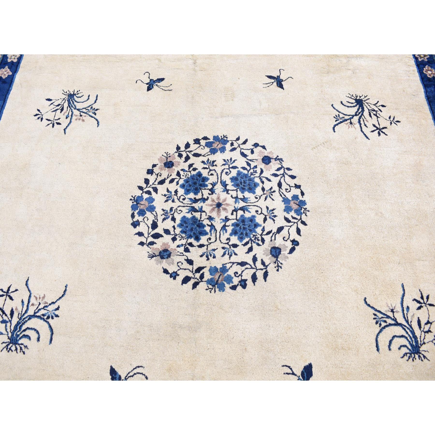 Ivory Antique Chinese Peking with Butterflies Hand Knotted Wool Clean Soft Rug For Sale 1