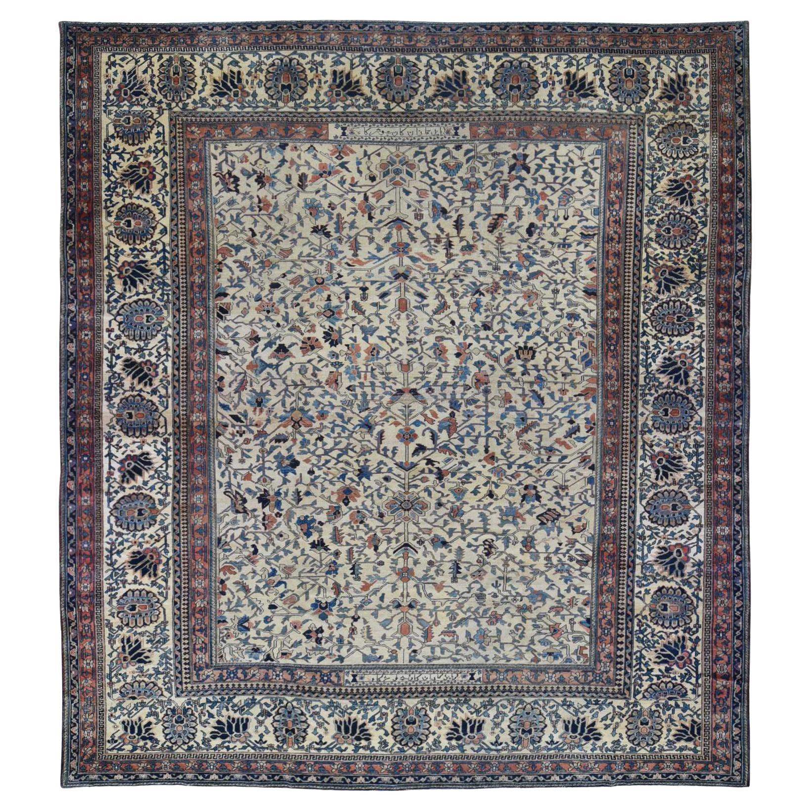 Ivory, Antique Persian Bakhtiar, Signed by Kashan Carpets, Hand Knotted Wool Rug For Sale