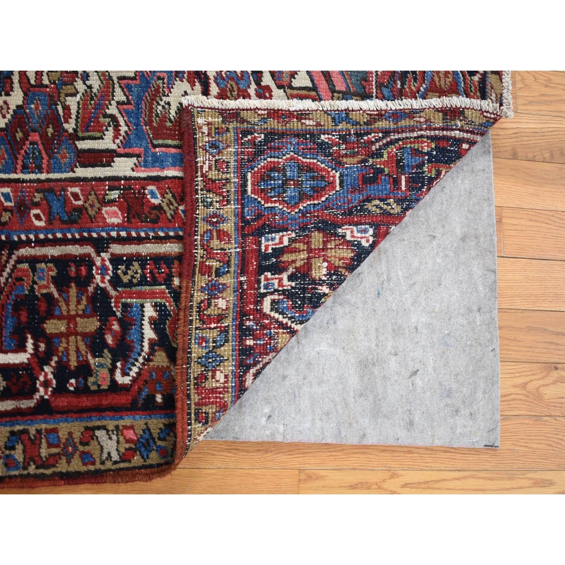 Hand-Knotted Ivory, Antique Persian Heriz, Geometric Design, Hand Knotted Pure Wool Rug