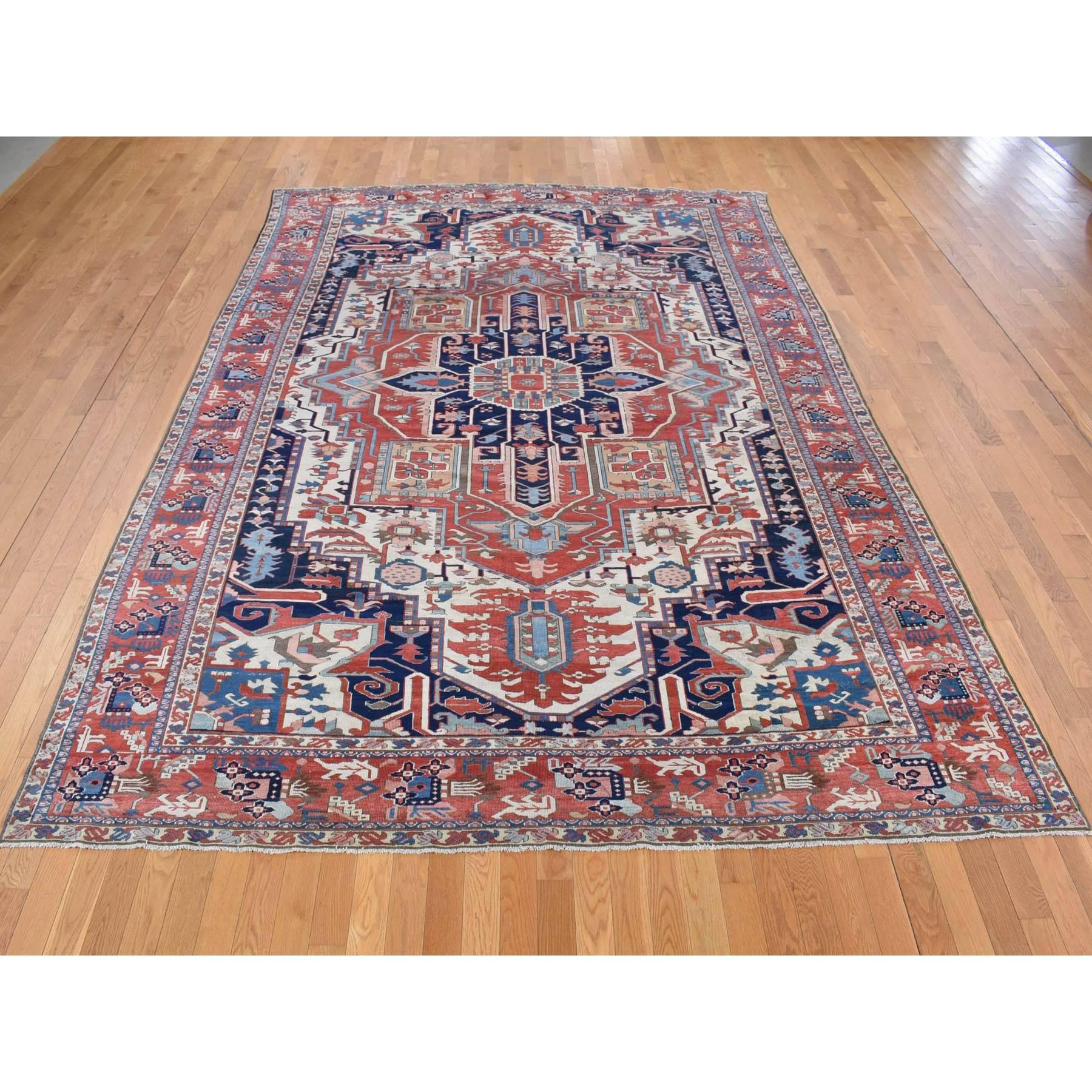 Hand-Knotted Ivory, Antique Persian Karajeh Serapi, Denser Weave, Pure Wool Hand Knotted Rug For Sale