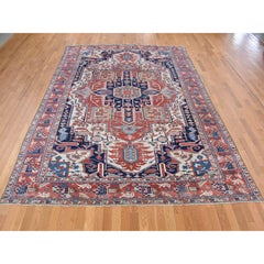 Ivory, Antique Zoroastrian Karajeh Serapi Denser Weave Wool Hand Knotted Rug