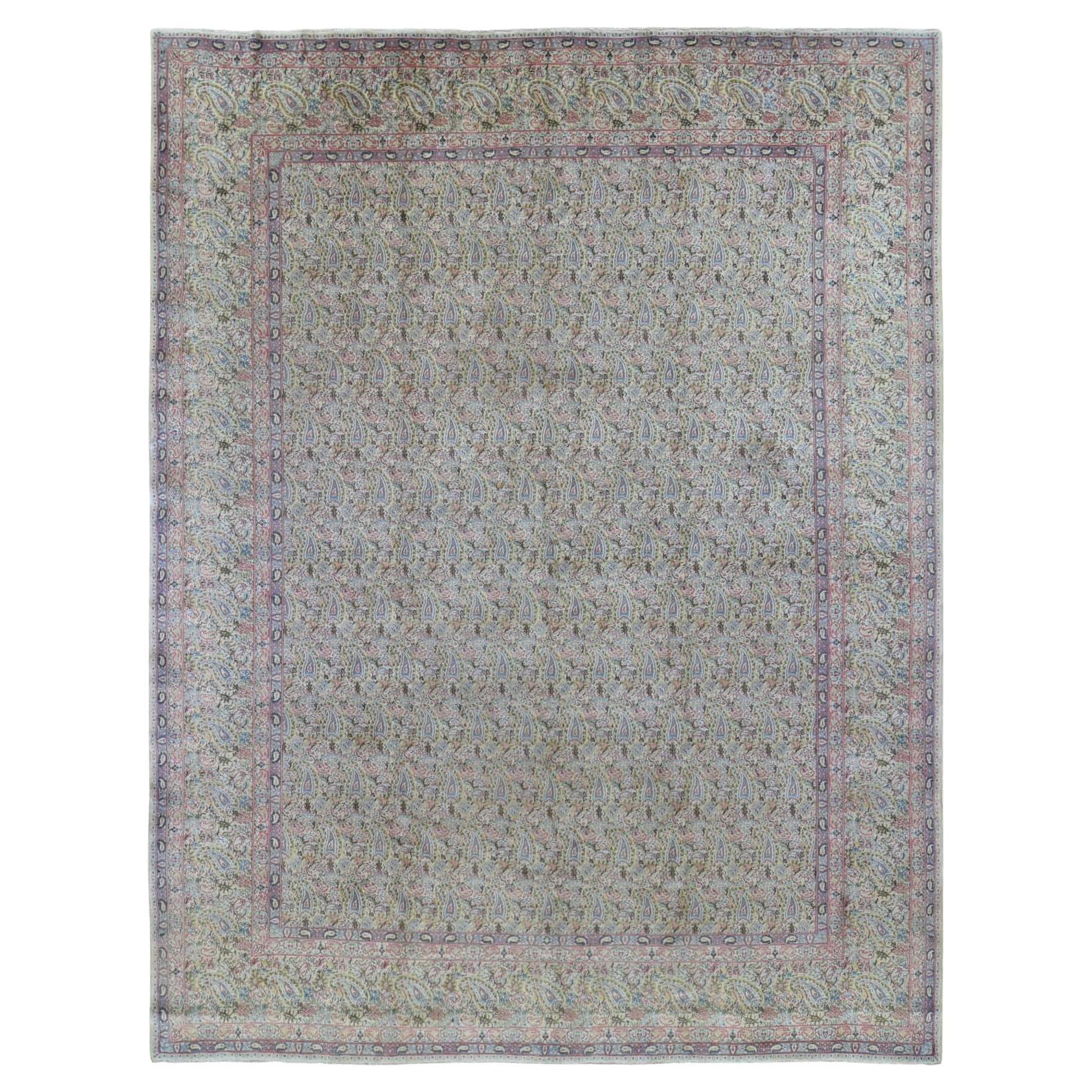 Ivory Antique Persian Kerman Full Pile Soft Paisley Design Hand Knotted Wool Rug For Sale
