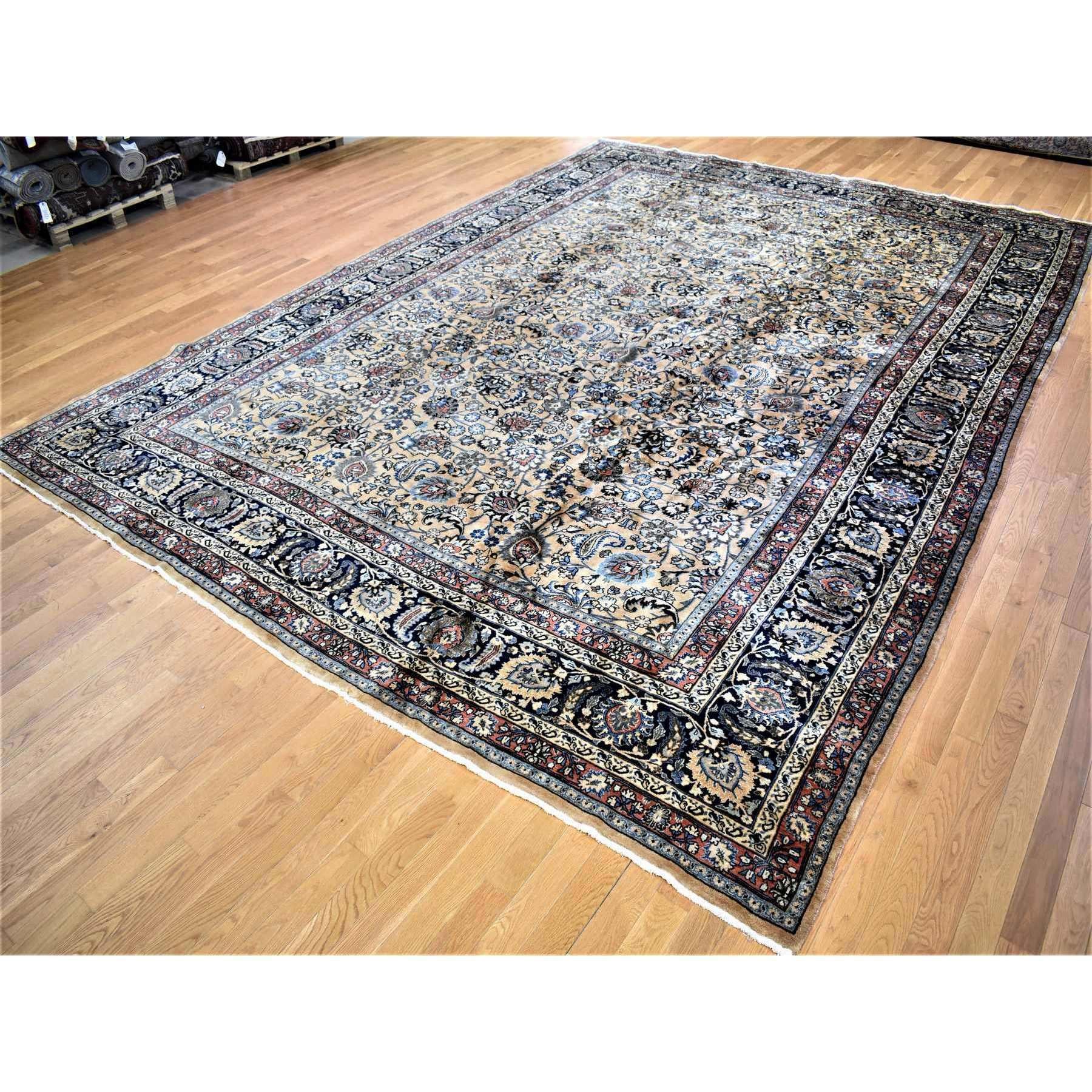 Medieval Ivory, Antique Persian Mashad, Hand Knotted, 100% Wool, Oversized Oriental Rug For Sale