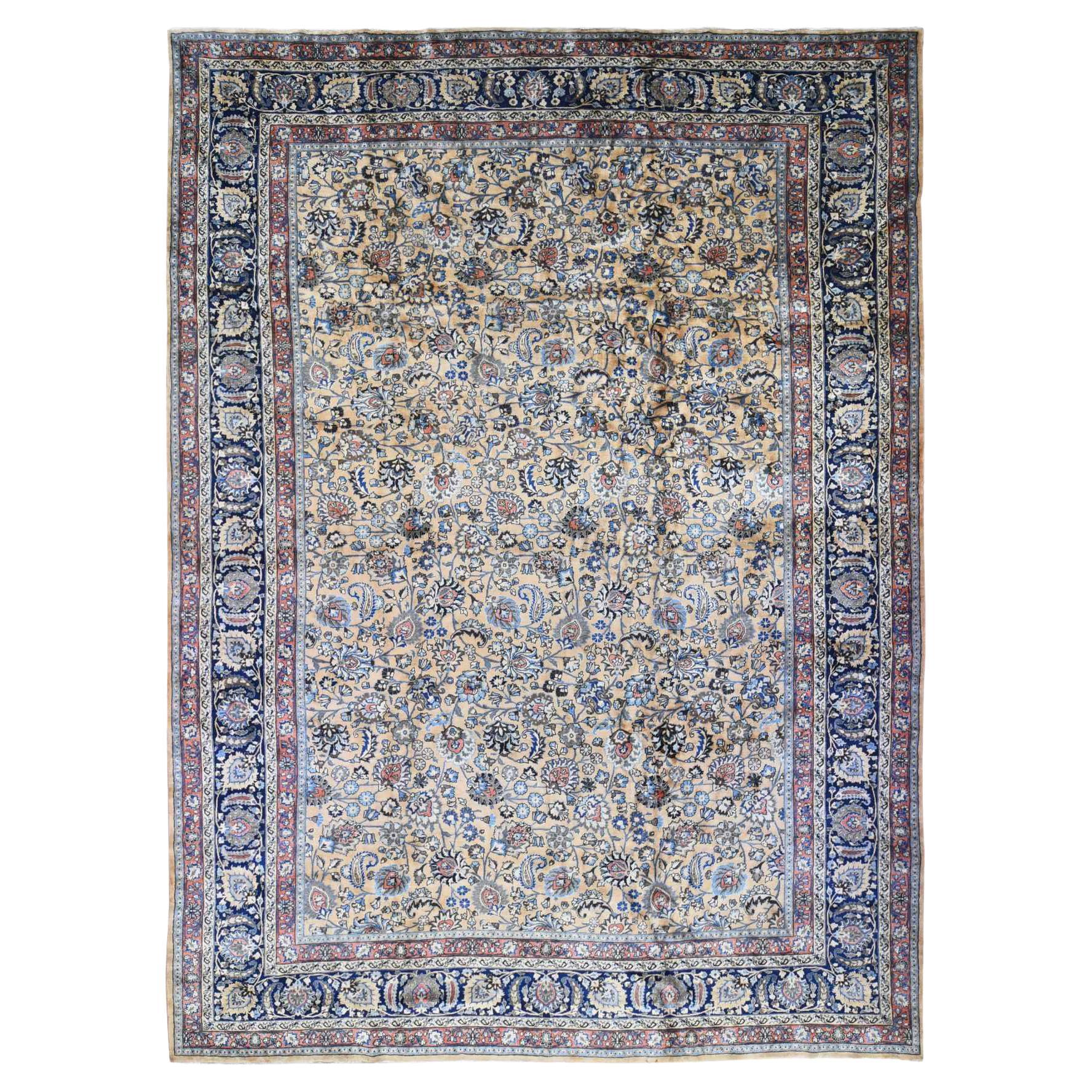 Ivory, Antique Persian Mashad, Hand Knotted, 100% Wool, Oversized Oriental Rug For Sale