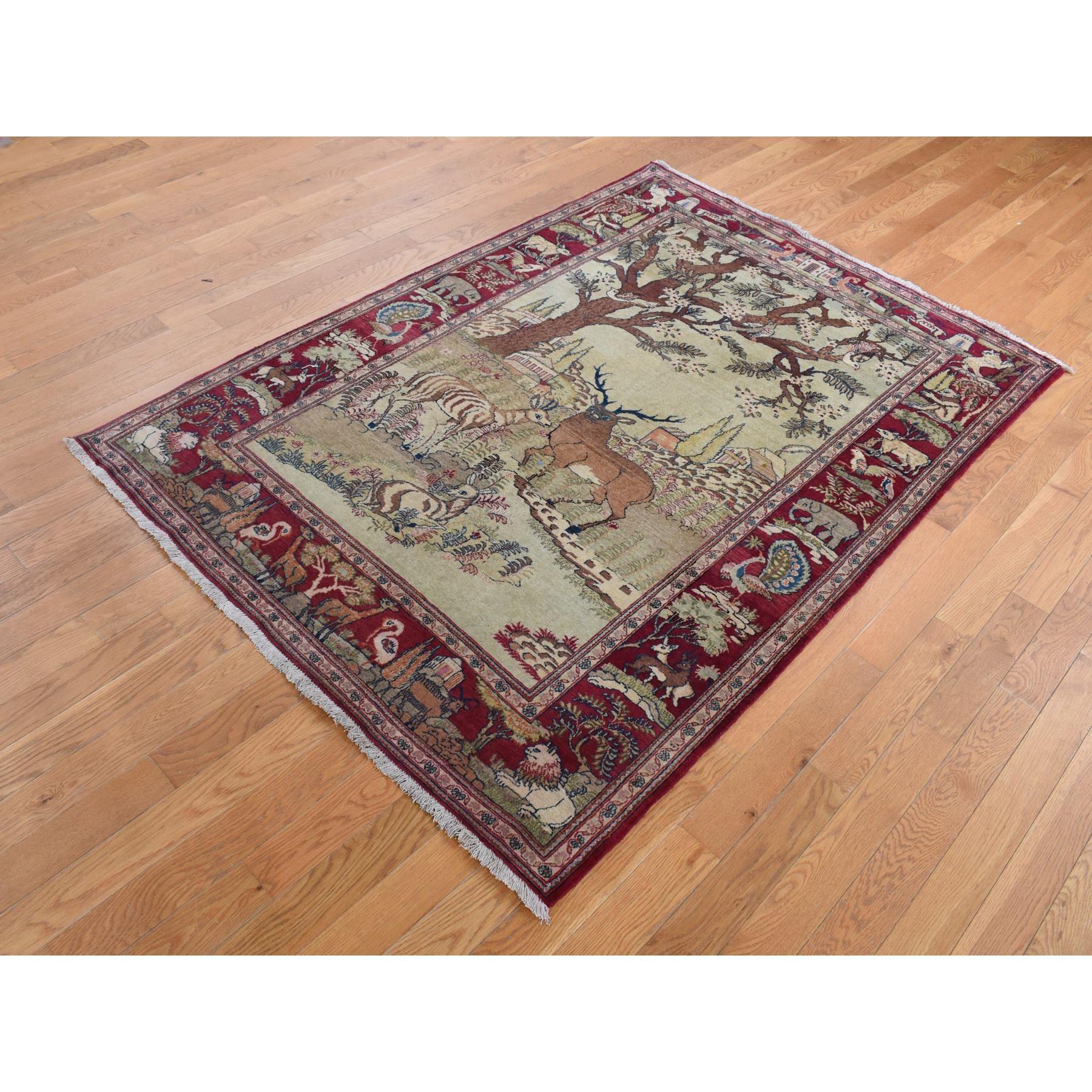 Medieval Ivory Antique Persian Pictorial Kashan Mint Condition Hand Knotted Pure Wool Rug For Sale