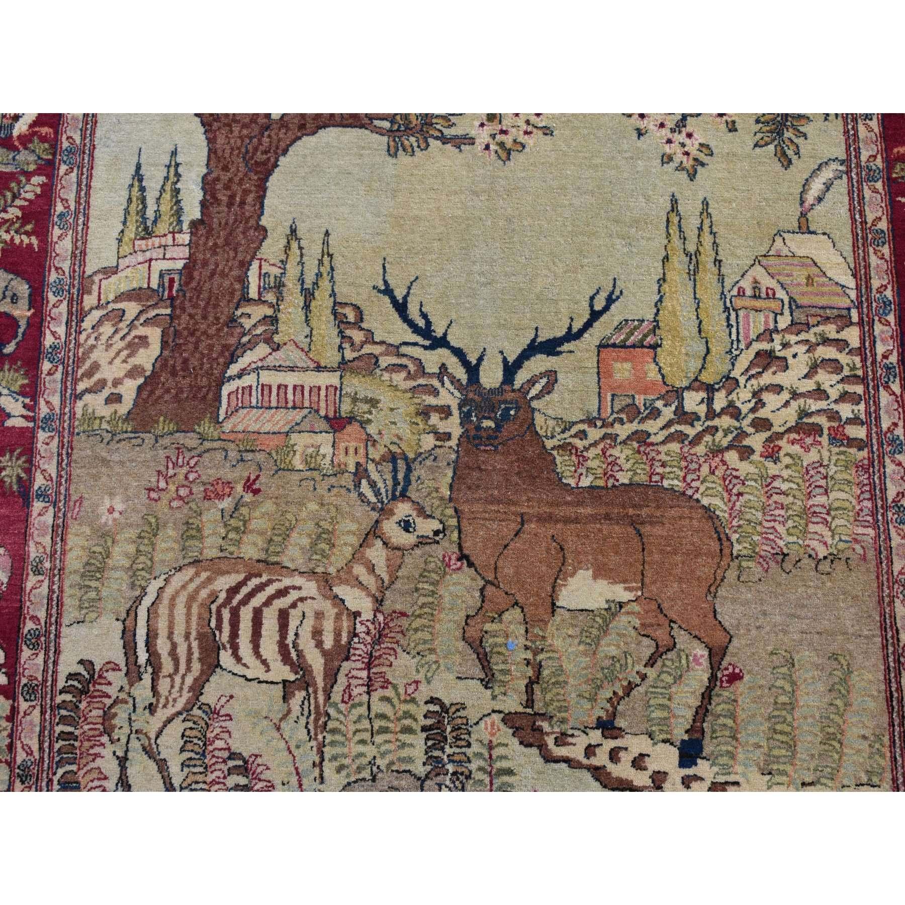 Ivory Antique Persian Pictorial Kashan Mint Condition Hand Knotted Pure Wool Rug For Sale 2
