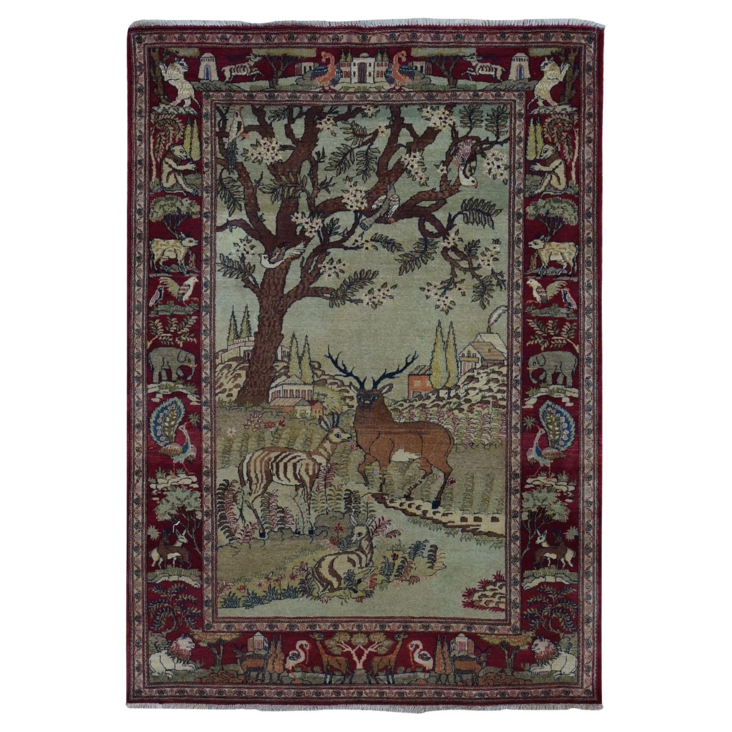 Ivory Antique Persian Pictorial Kashan Mint Condition Hand Knotted Pure Wool Rug For Sale