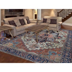 Ivory Antique Persian Serapi Heriz Even Wear Hand Knotted Pure Wool Cleaned Rug