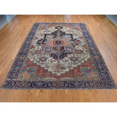 Ivory Antique Zoroastrian Serapi Heris Even Wear Hand Knotted Wool Clean Rug