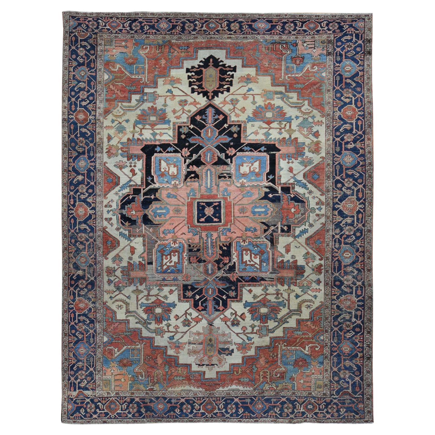 Ivory Antique Persian Serapi Heriz Even Wear Hand Knotted Pure Wool Cleaned Rug For Sale