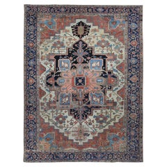 Elfenbeinfarbener antiker persischer Serapi Heriz Abend-Teppich aus reiner Wolle, handgeknüpft