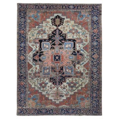 Tapis de soirée persan ancien Serapi Heriz en pure laine nouée à la main ivoire, nettoyé à la main