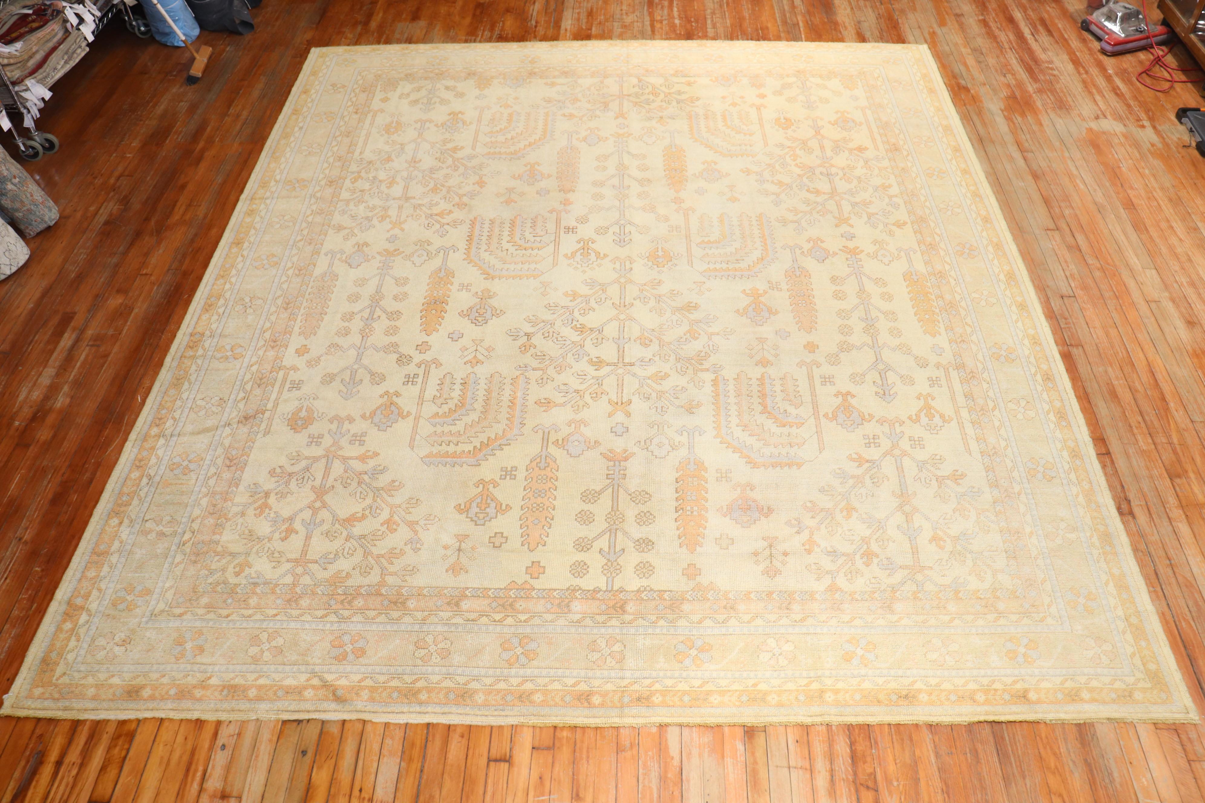 Archaistic Ivory Antique Turkish Square Oushak Rug For Sale