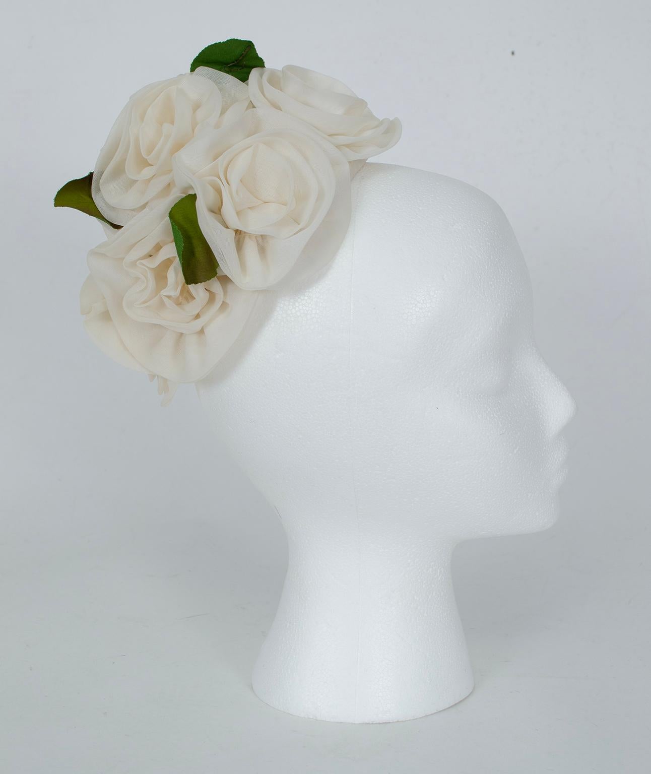 If a traditional wedding veil or cocktail hat is not your style, consider a floral calot: more couture in flavor, they remain ultra-feminine but leagues more stylish. The added benefit is wearability past the wedding!

Petite calot cap with chiffon