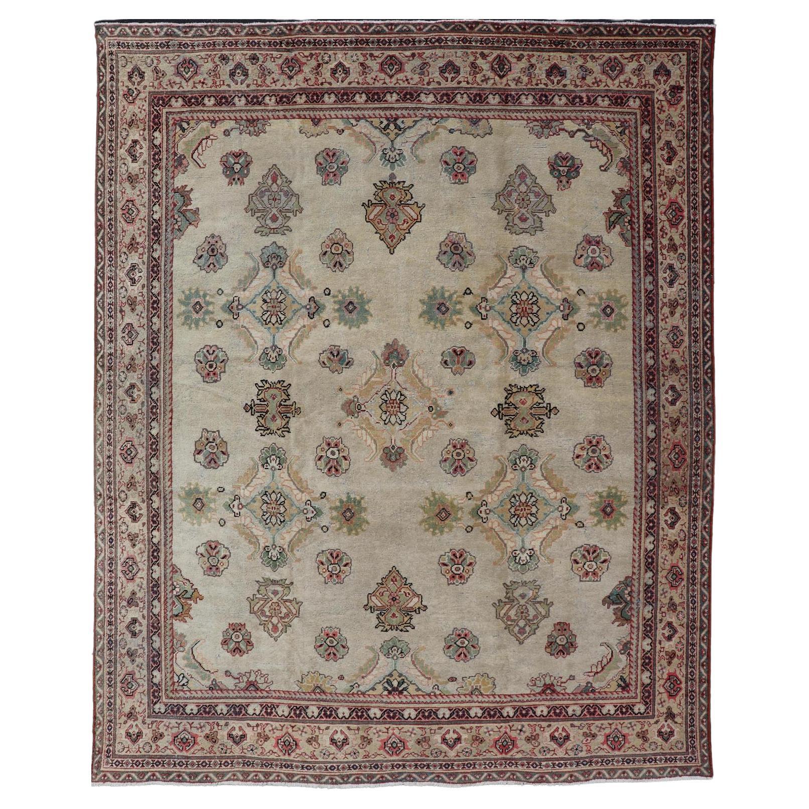 Ivory Background Antique Persian Sultanabad-Mahal Rug with Sub-Geometric Design For Sale