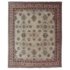 Ivory Background Antique Persian Sultanabad-Mahal Rug with Sub-Geometric Design