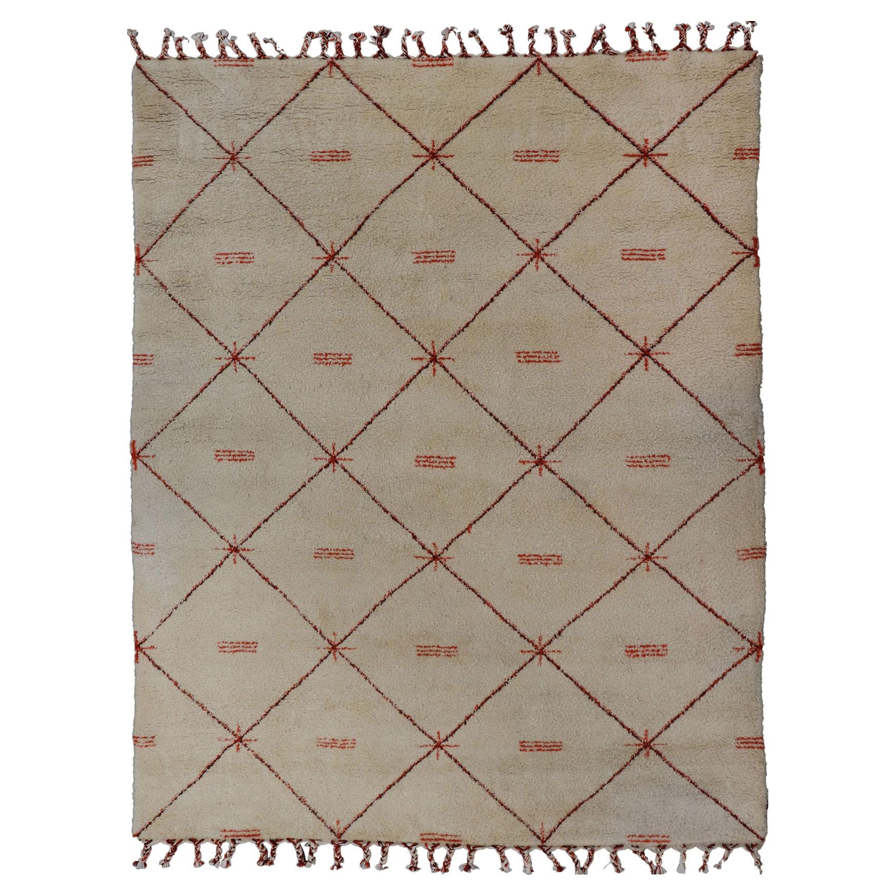 Tappeto marocchino vintage di grandi dimensioni con sfondo avorio e motivo a diamante arancione/marrone