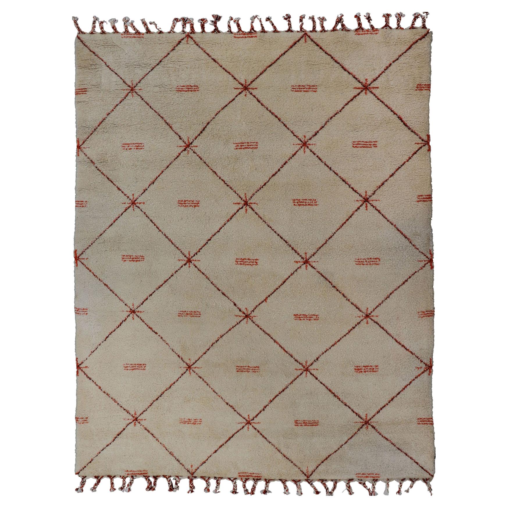 Ivory Background Vintage Large Moroccan Rug with Orange/Brown Diamond Pattern 