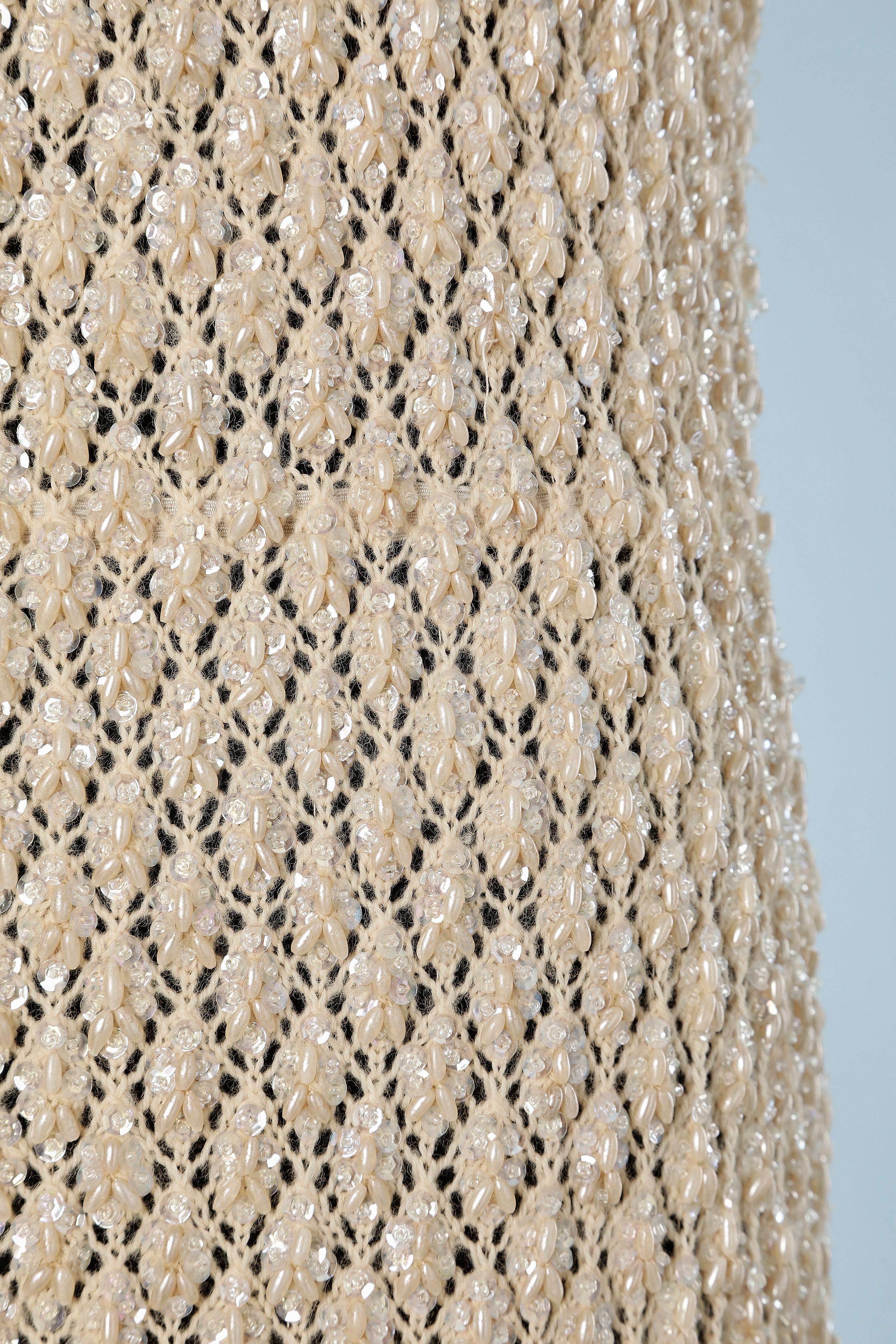 Beige Ivory beaded wool knit cocktail dress CHI CHI FASHION Circa 1960's For Sale