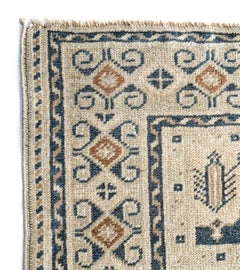 Ivory, Beige and Green Handmade Wool Turkish Old Anatolian Konya Distressed Rug