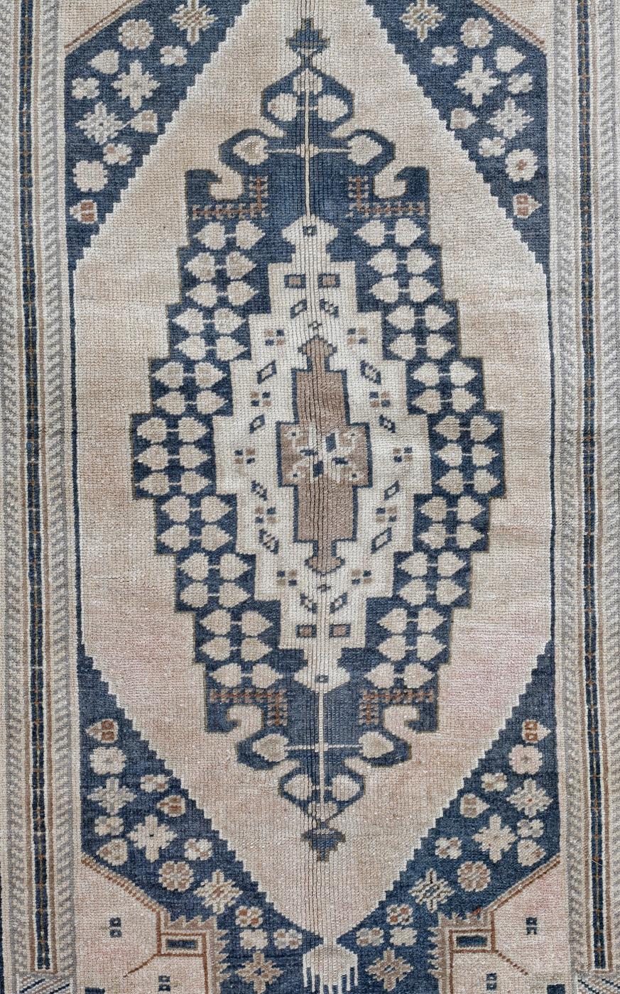 Hand-Knotted Ivory, Beige and Green Handmade Wool Turkish Old Anatolian Konya Distressed Rug For Sale