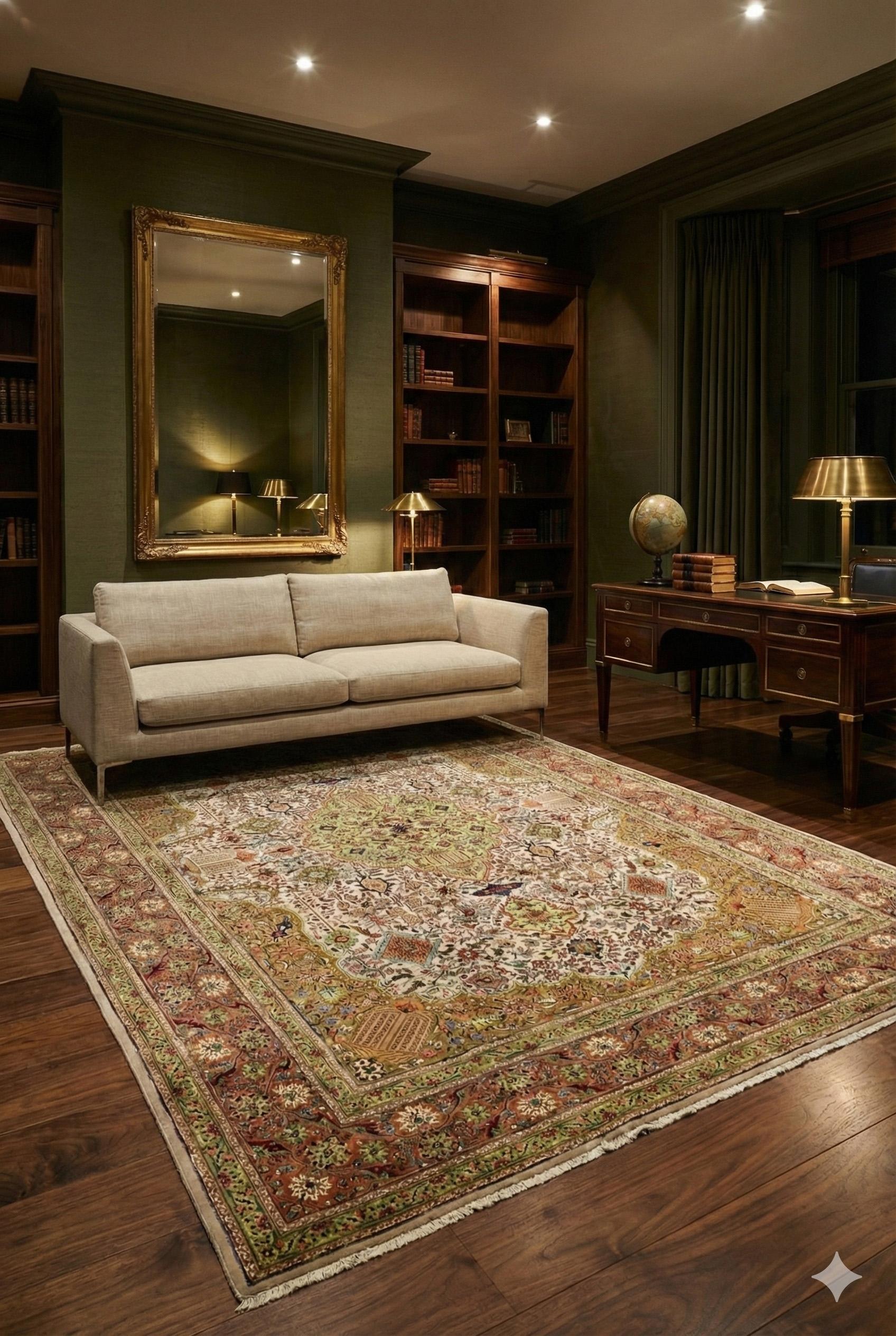 This fine Persian Tabriz hand-knotted wool rug exemplifies high-prestige workshop craftsmanship, produced using an asymmetric (Persian) knot at a very fine density of approximately 290+ KPSI. Measuring 8 ft 2 in x 11 ft 4 in (about 249 cm x 345 cm),