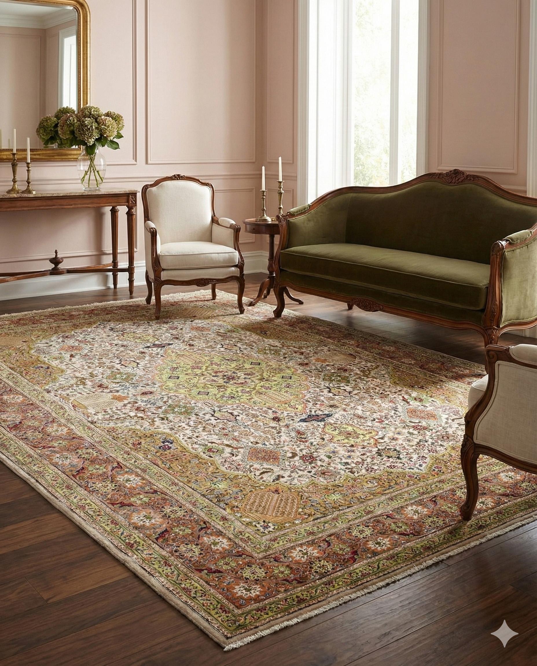 Persiano Ivory Beige Tabriz Wool Hand Knotted Rug 8 ft 2 in x 11 ft 4 in in vendita