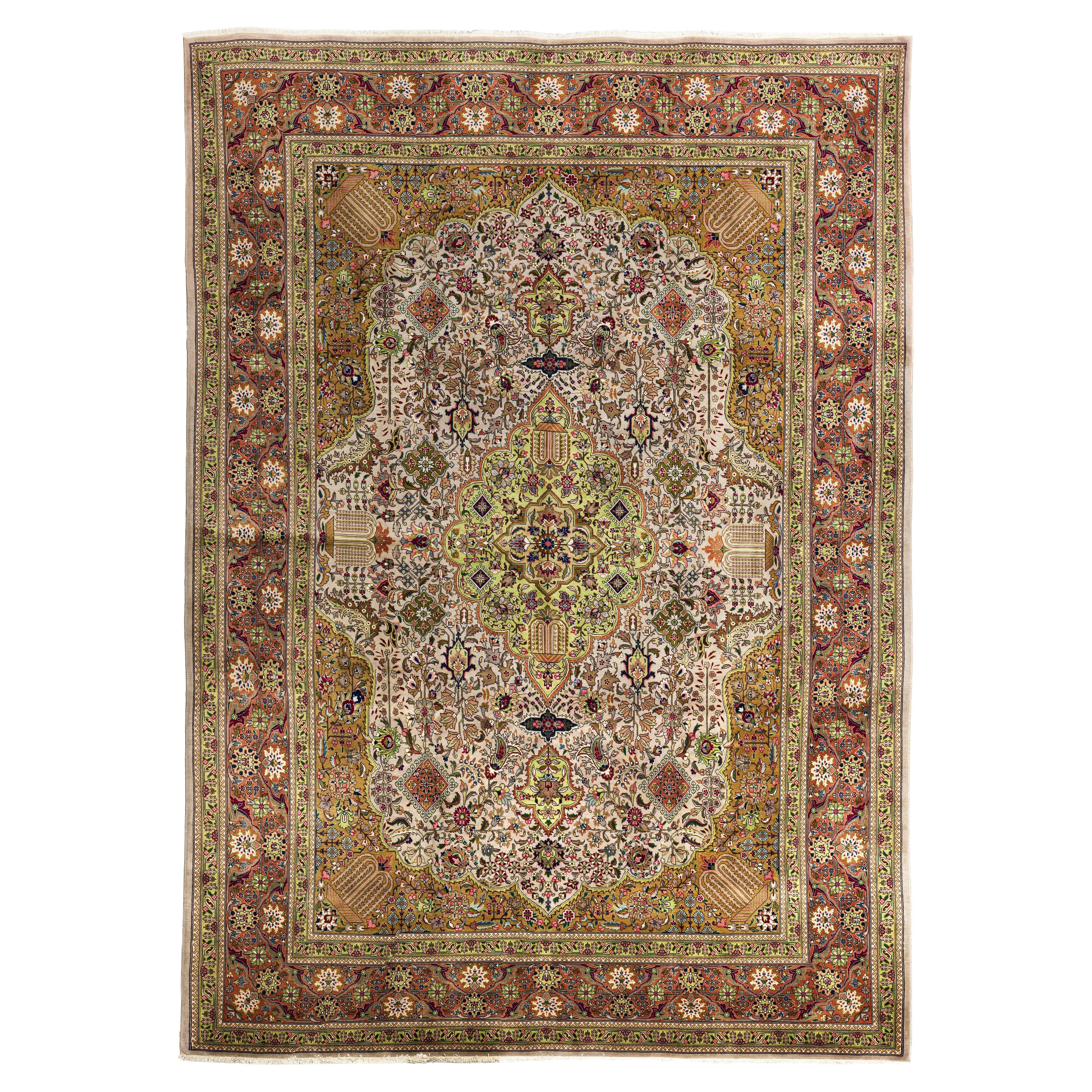 Ivory Beige Tabriz Wool Hand Knotted Rug 8 ft 2 in x 11 ft 4 in