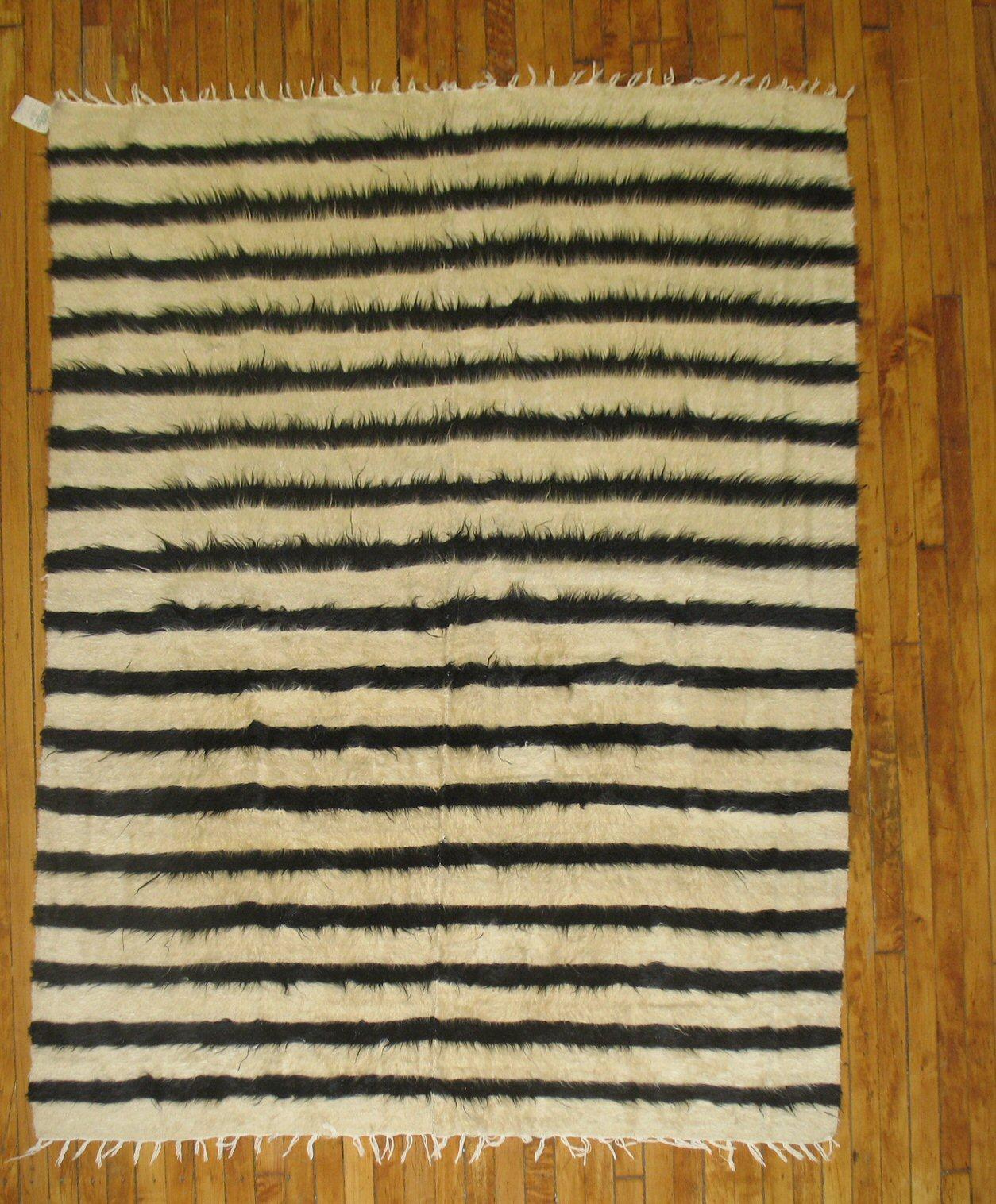 Hand-Woven Ivory Black Vintage Indian Mohair Wool Stripe 5 x 7 Rug 