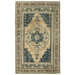 Ivory, Blue and Brown Handmade Wool Turkish Anatolian Konya Rug