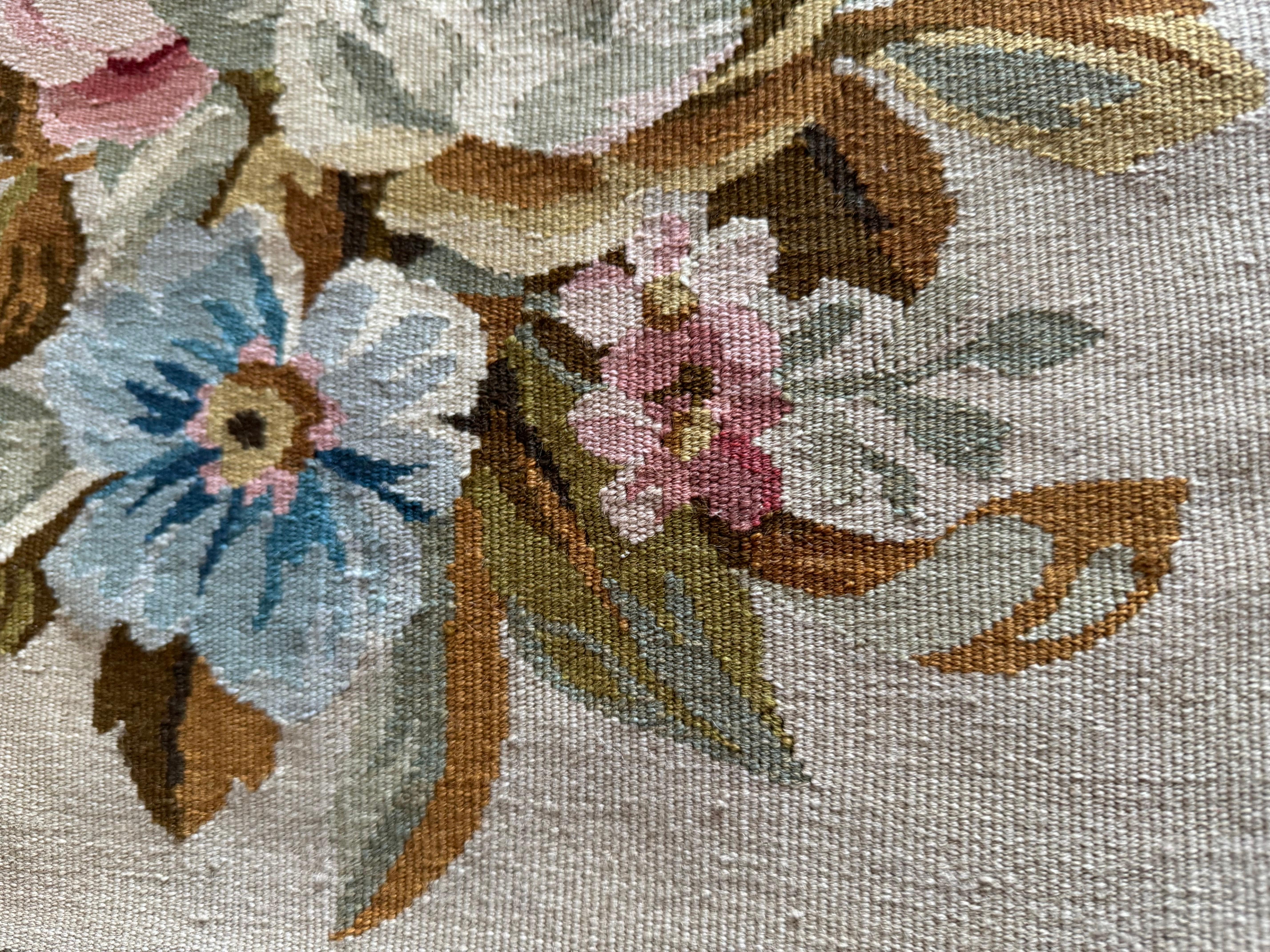 Aubusson Ivory & Blue French Provincial Style Floral Needlepoint Square Pillow Case For Sale