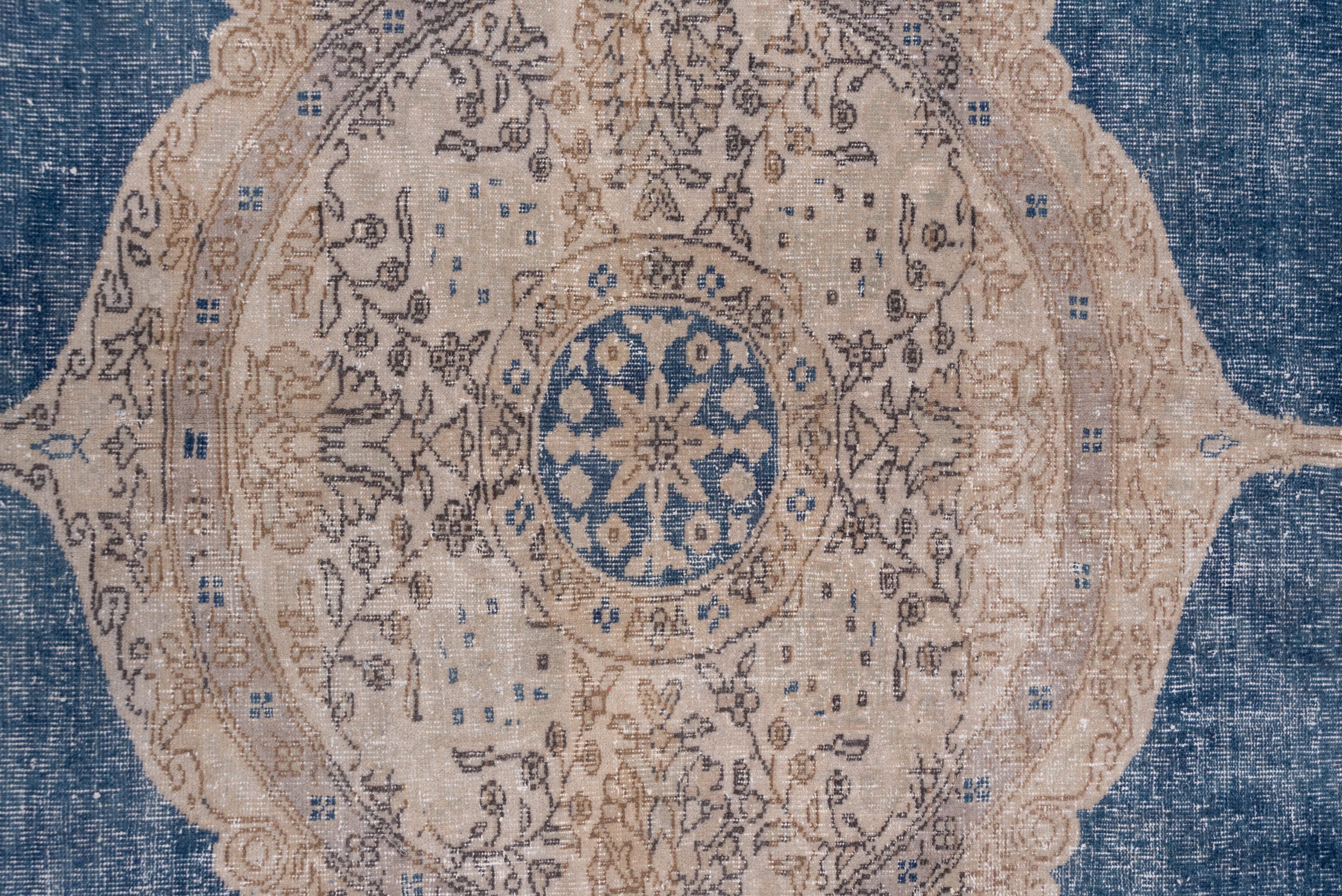 Wool Ivory and Blue Shabby Chic Turkish Oushak Rug, Circular Medallion, circa 1940s For Sale