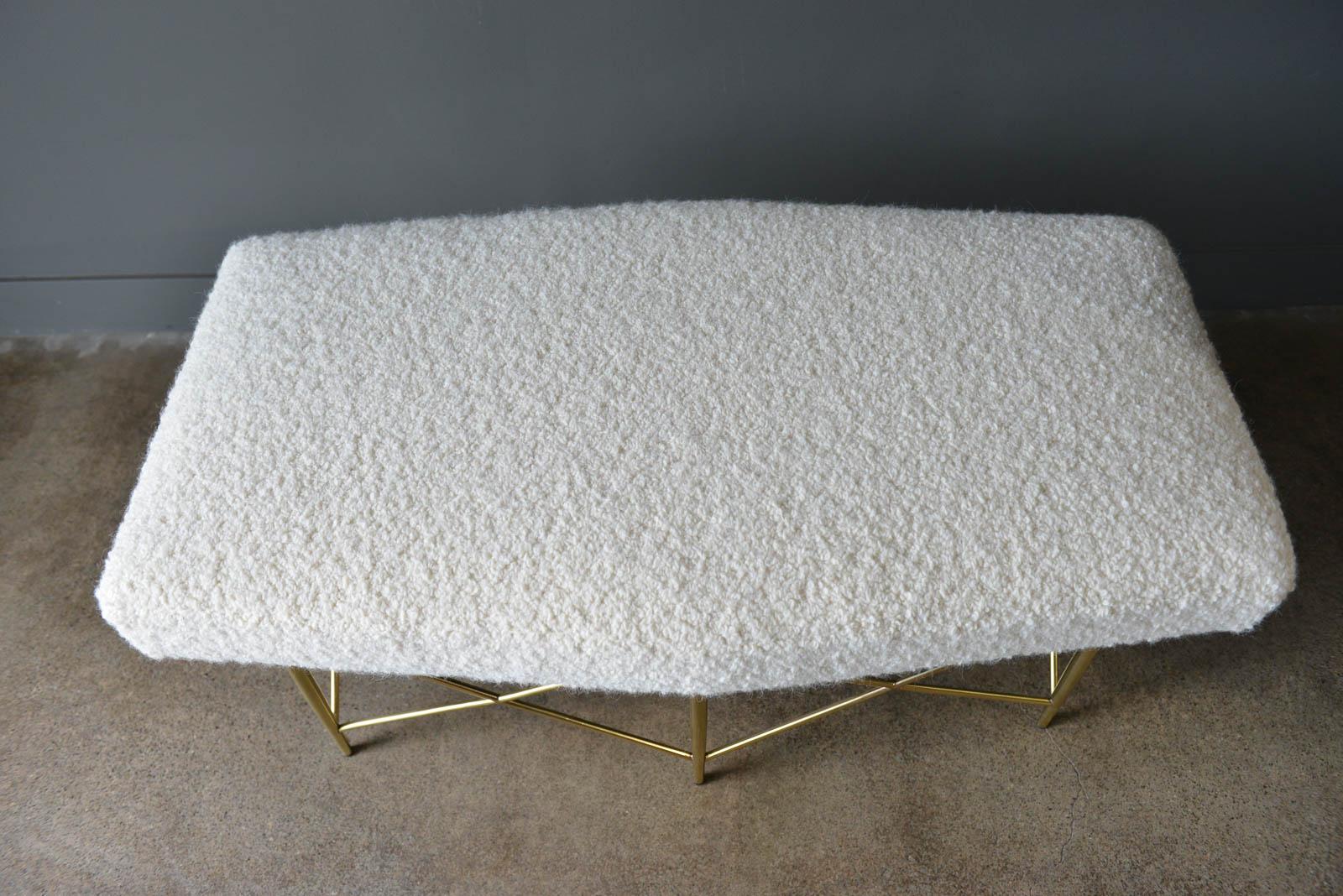 Late 20th Century Ivory Bouclé and Brass X-Base Ottoman or Bench, circa 1970