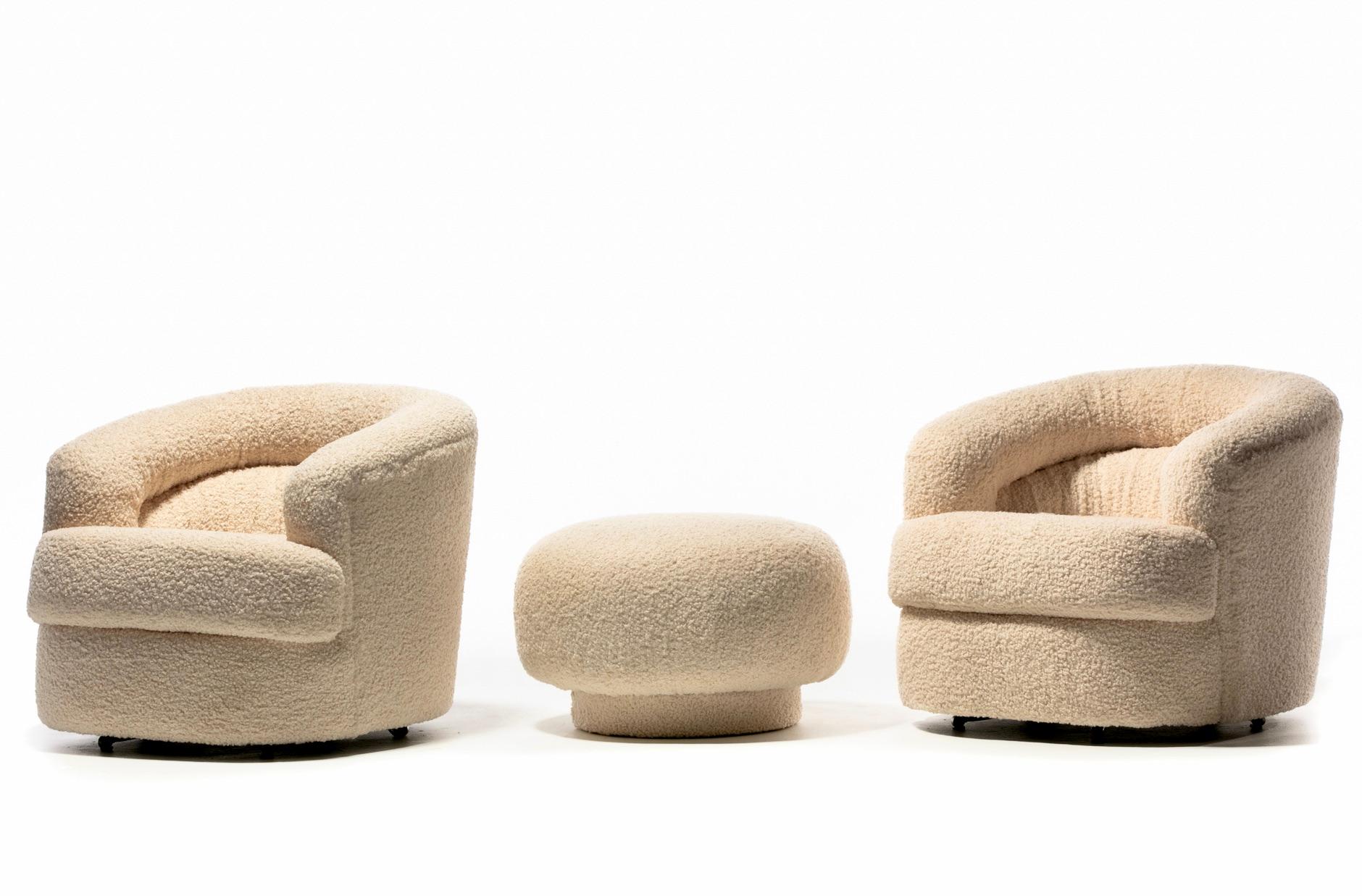 A high sculptural look that's modern with curvy plush all over cushioning is what you'll get with this ménage à trois set of swivel chairs attributed to Adrian Pearsall paired along with a sexy modern custom mushroom shaped ottoman. It all swivels -