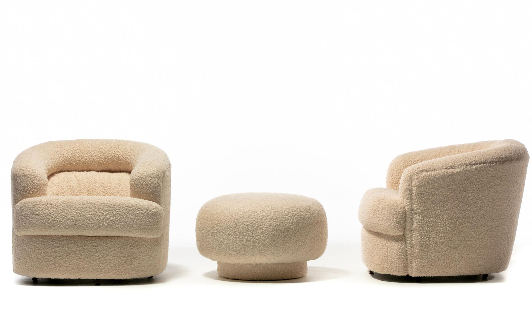 Mid-Century Modern Ivory Bouclé Post Modern Swivel Chairs & Ottoman Attributed to Adrian Pearsall For Sale