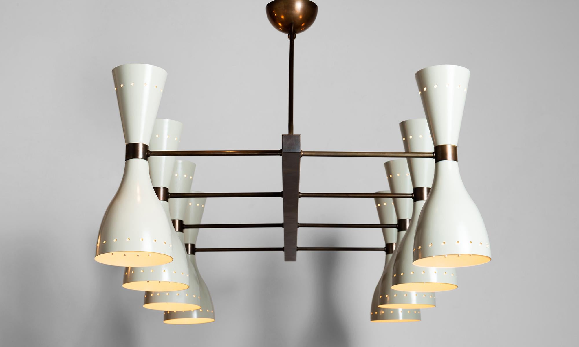 Cream & Brass Eight Shade Chandelier  
Made in Italy
Rectangular form with brass hardware and eight black painted metal shades.
55