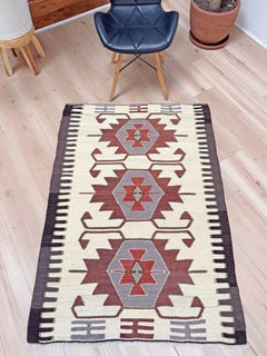 Ivory & Brick Red Mut Kilim • Navajo-Style Tribal Turkish Flatweave Rug (3'x5')