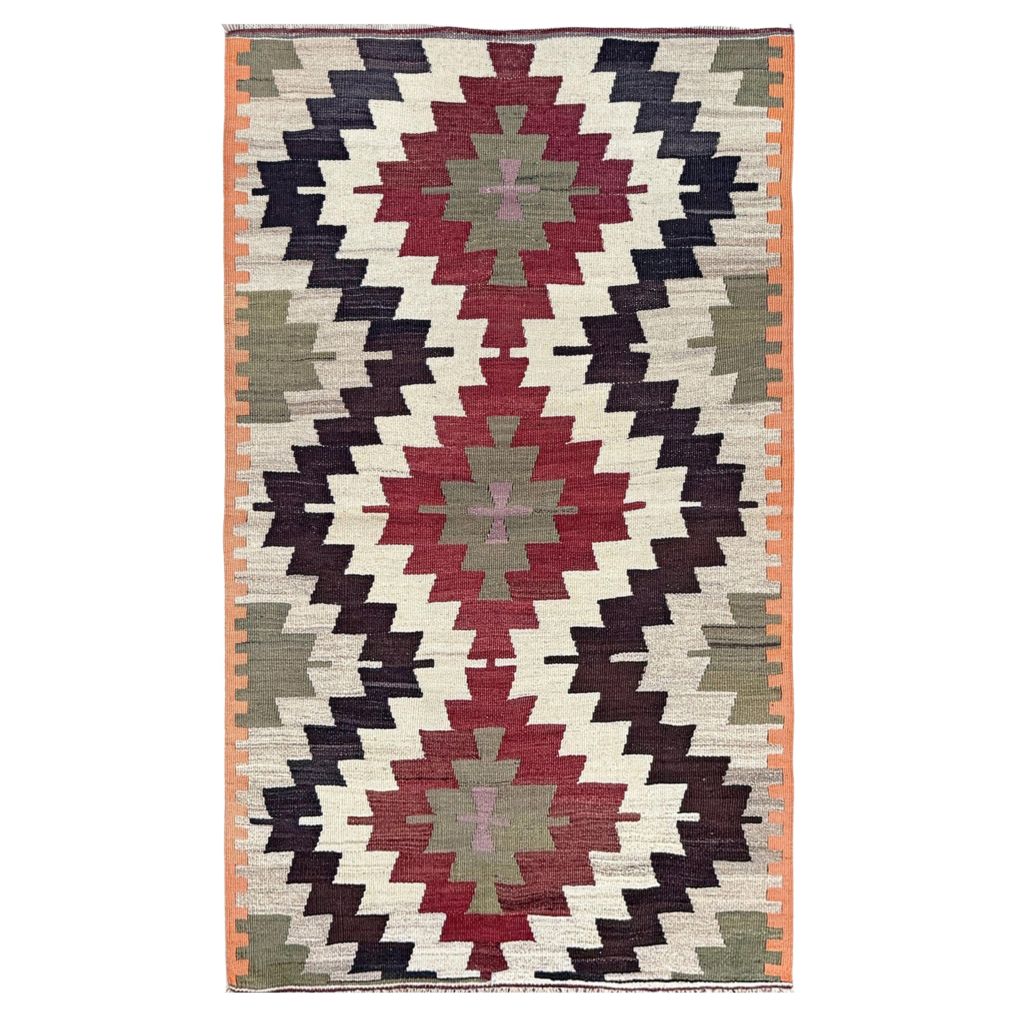 Elfenbein 
Ziegelrot Mut Kilim - • Türkischer Flachgewebeteppich im Navajo-Stil (3
x5
)