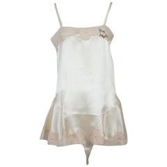 Used Ivory Bridal Trousseau Lacquered Satin Skirt Leg Step-In Romper Teddy –XS, 1920s
