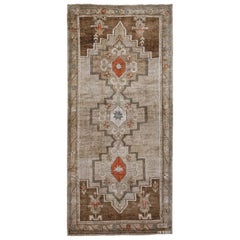 Ivory, Brown and Beige Handmade Wool Turkish Old Anatolian Konya Distressed Rug